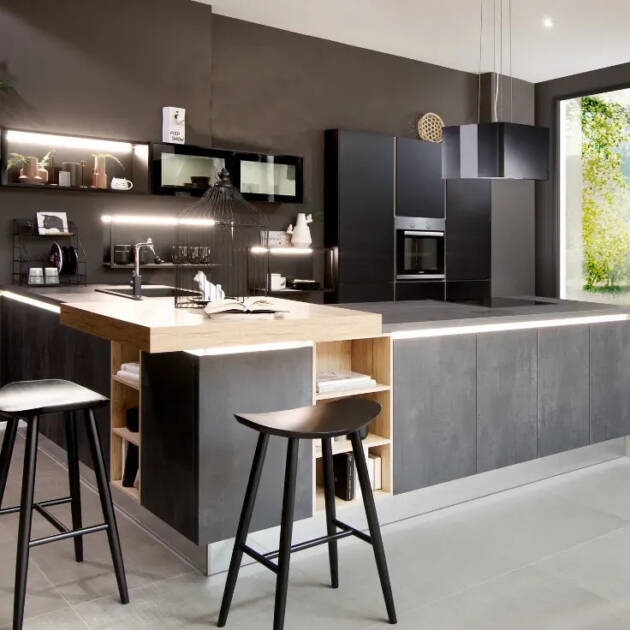 Cuisine noir mat et effet béton sans poignée - Dubaï