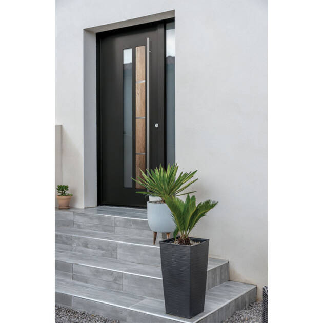 Porte d'entrée acier vitrée avec décor bois