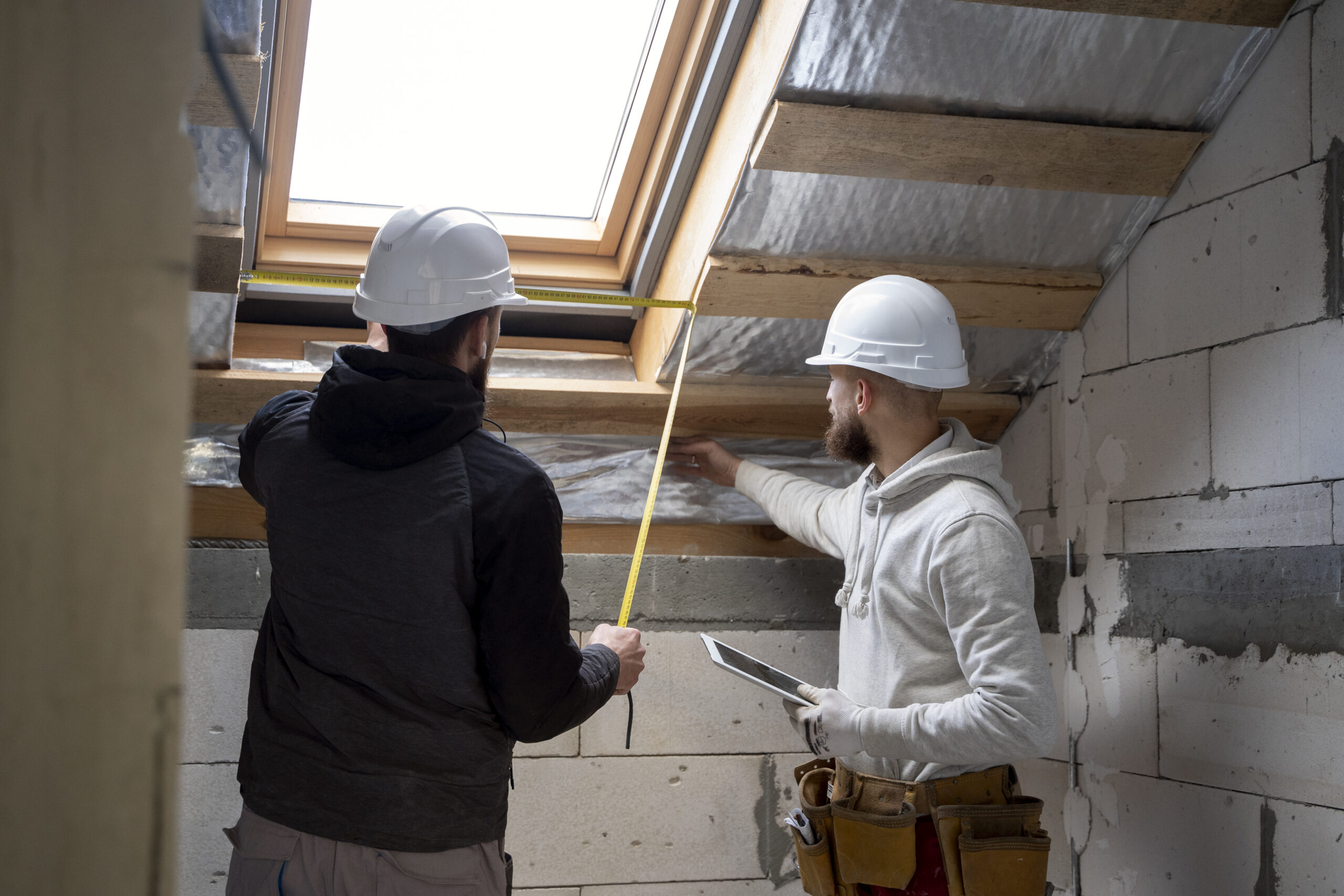 Deux menuisiers devant un velux en Dordogne